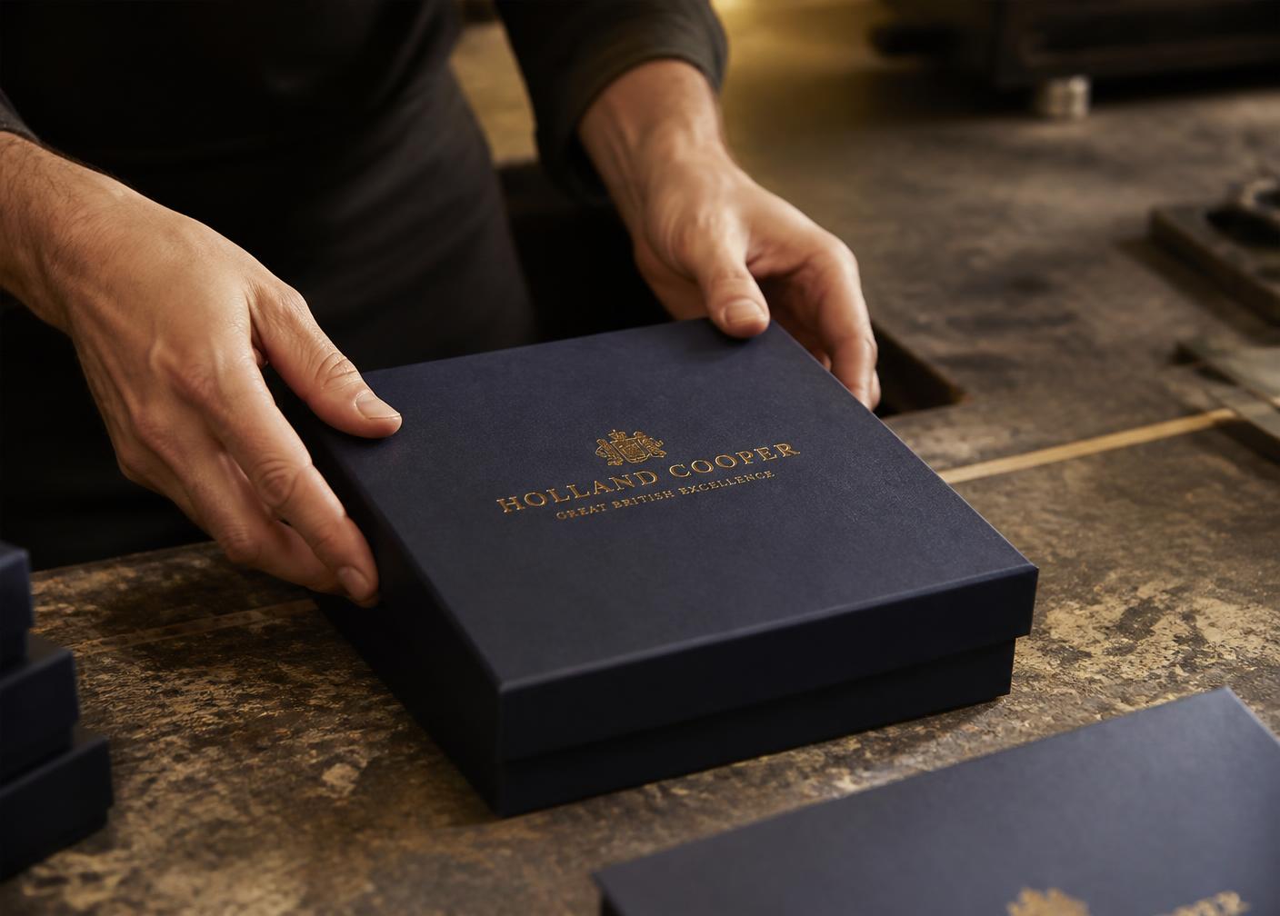 Craftsman finishing a navy foil-stamped rigid box